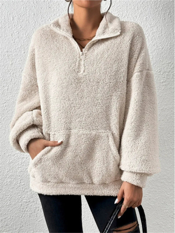 Dames sweatshirt met ritssluiting | Zachte fleece trui met hoge kraag en buikzak