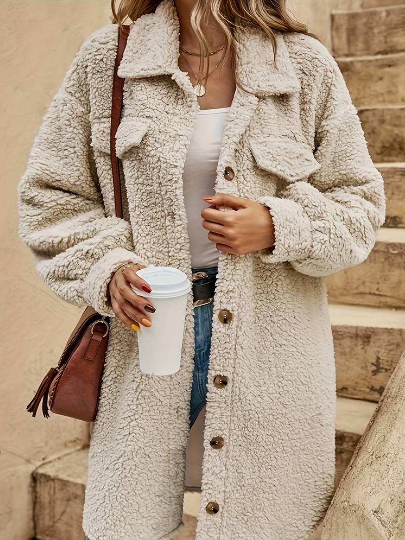 Dames Teddy Jas – Oversized Met Knoopsluiting en Borstzakken