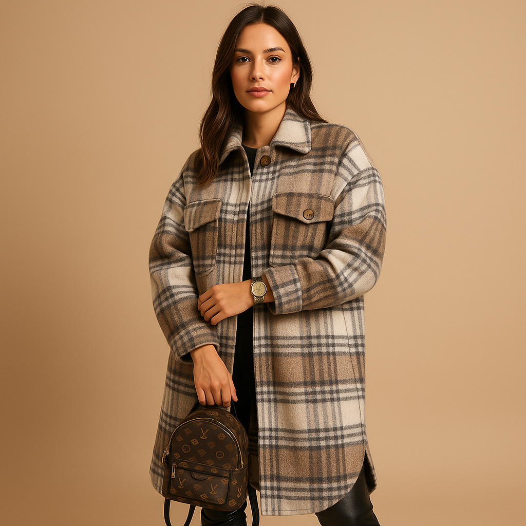 Lange Jas Dames | Geruite Wol-Look Met Revers en Knoopsluiting