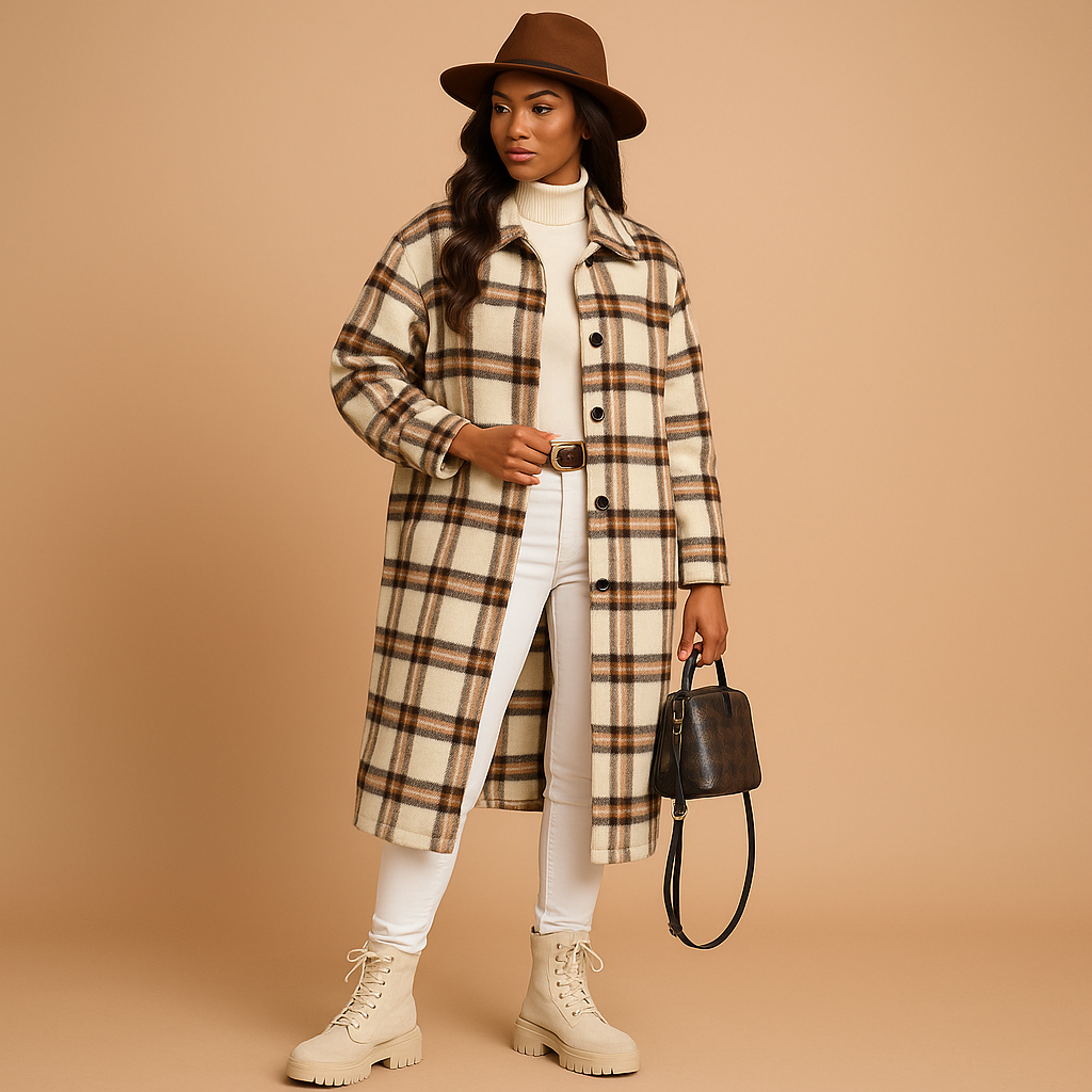 Lange Jas Dames | Geruite Wol-Look Met Revers en Knoopsluiting