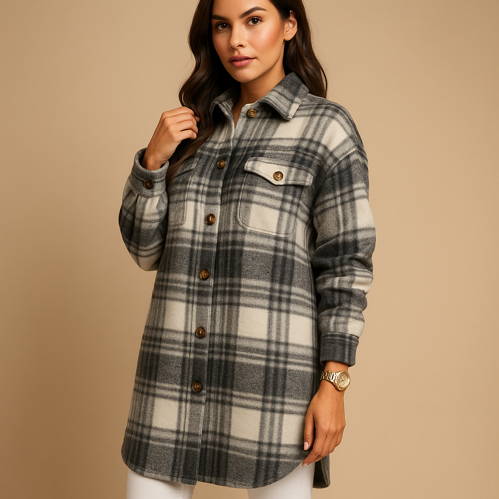 Lange Jas Dames | Geruite Wol-Look Met Revers en Knoopsluiting