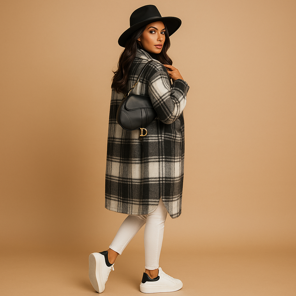 Lange Jas Dames | Geruite Wol-Look Met Revers en Knoopsluiting