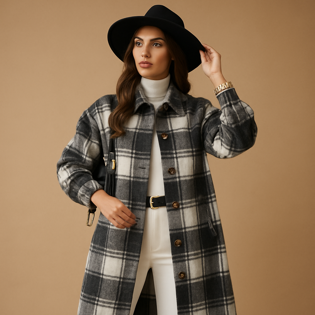 Lange Jas Dames | Geruite Wol-Look Met Revers en Knoopsluiting