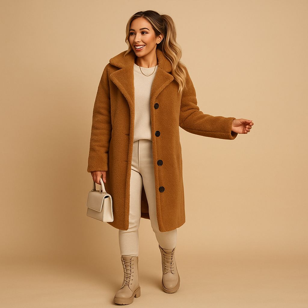 Lange teddy jas dames – Beige jas met zachte voering en comfortabele pasvorm