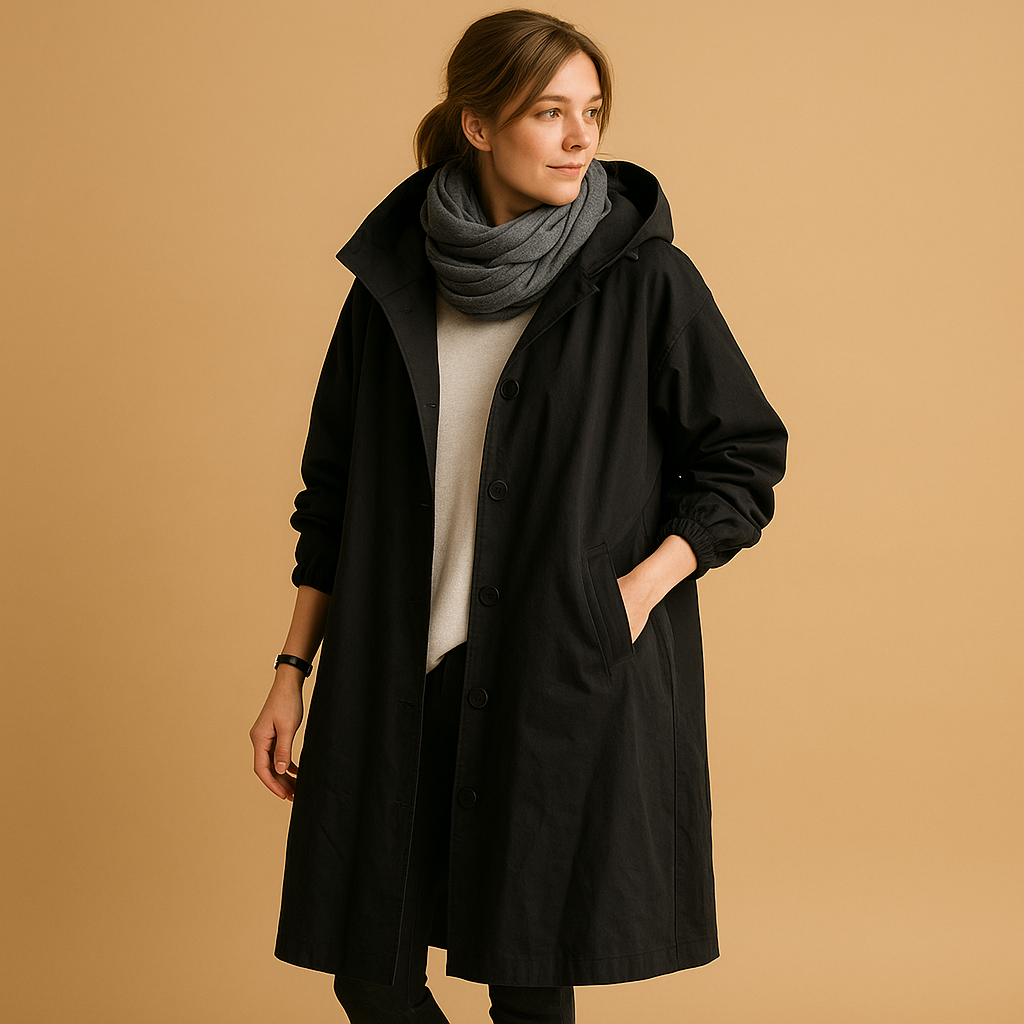 Lange regenjas dames – Waterdichte jas met capuchon en ceintuur