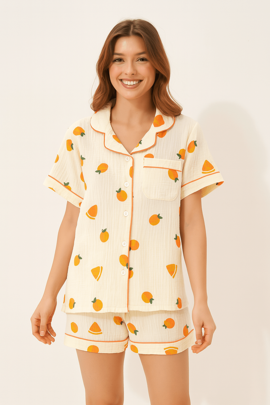 Dames korte pyjama set met fruitprint – zacht en luchtig voor warme nachten