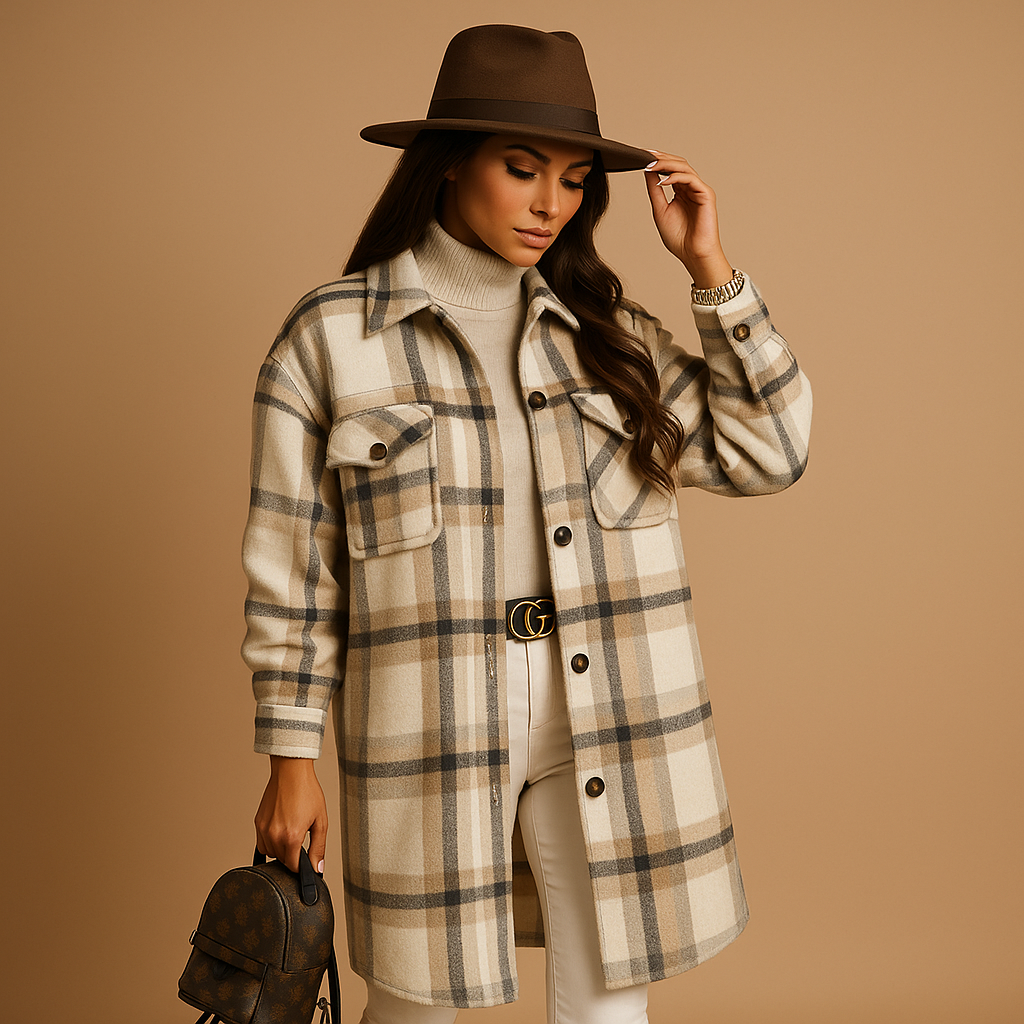 Lange Jas Dames | Geruite Wol-Look Met Revers en Knoopsluiting