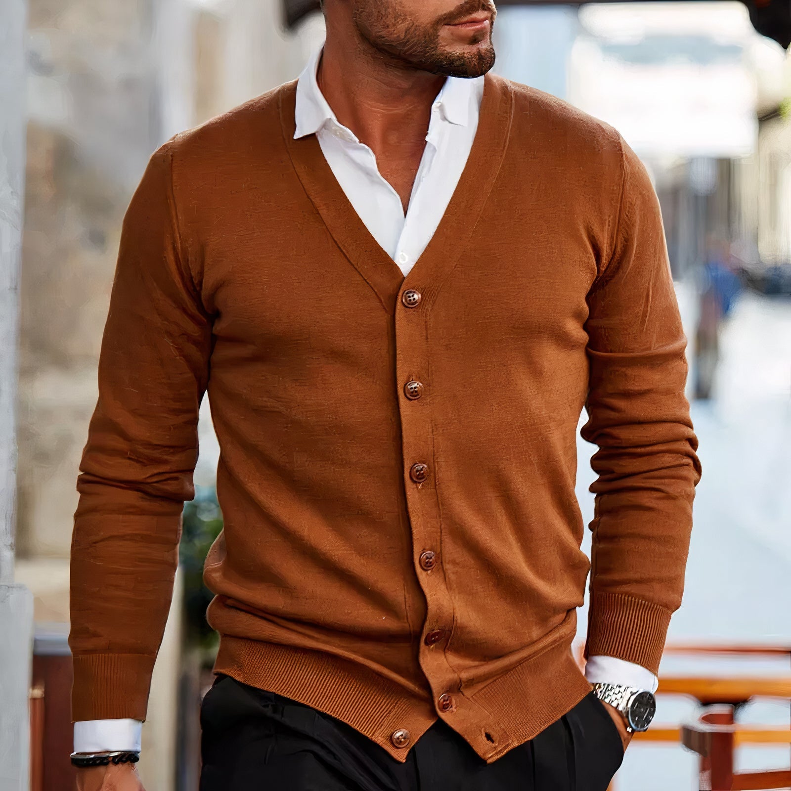 Heren Vest Met Lange Mouwen – V-Hals en Knoopsluiting