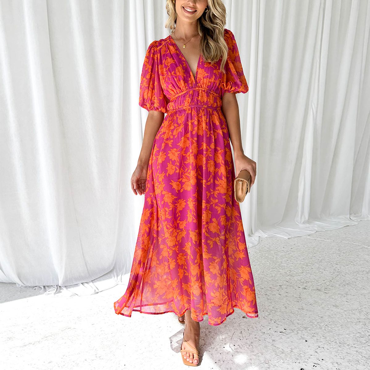Maxi Jurk met V-Hals en Bloemenprint