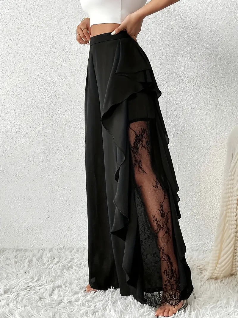 Mode Outlet | Velmora Broek met Kant & Wijde Pijpen – Stijlvol & Elegant