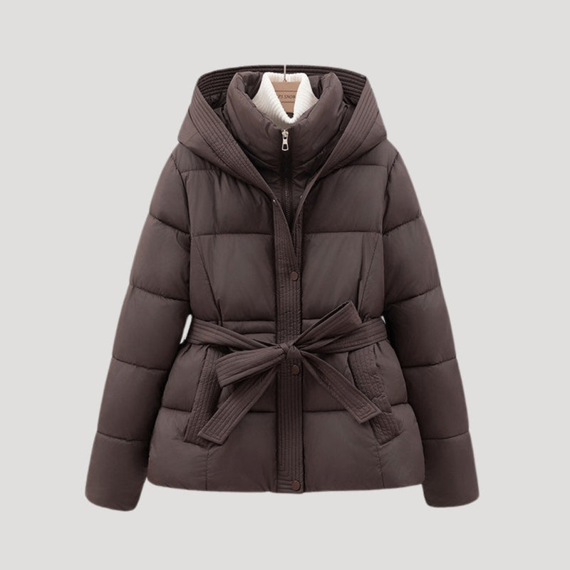 Dames puffer jas | Korte gewatteerde jas met ceintuur en capuchon