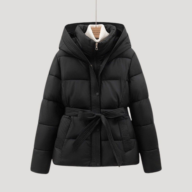 Dames puffer jas | Korte gewatteerde jas met ceintuur en capuchon