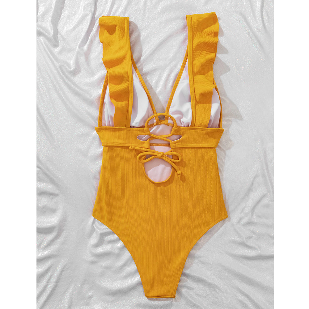 Mode Outlet | Elegant V-Hals Badpak met Ruffle Details – Stijlvol & Flatterend