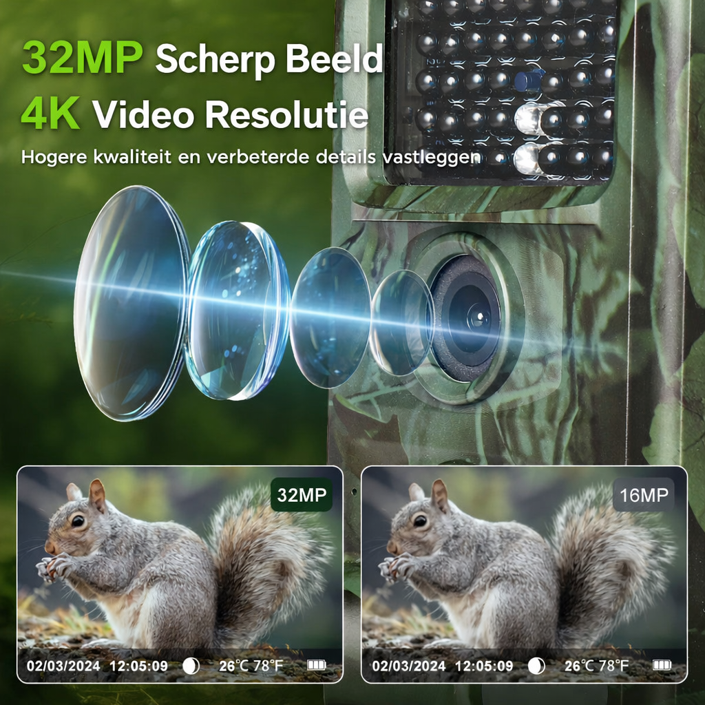 4K 32MP Wildcamera – Bewegingsdetectie & Low-Glow Nachtzicht