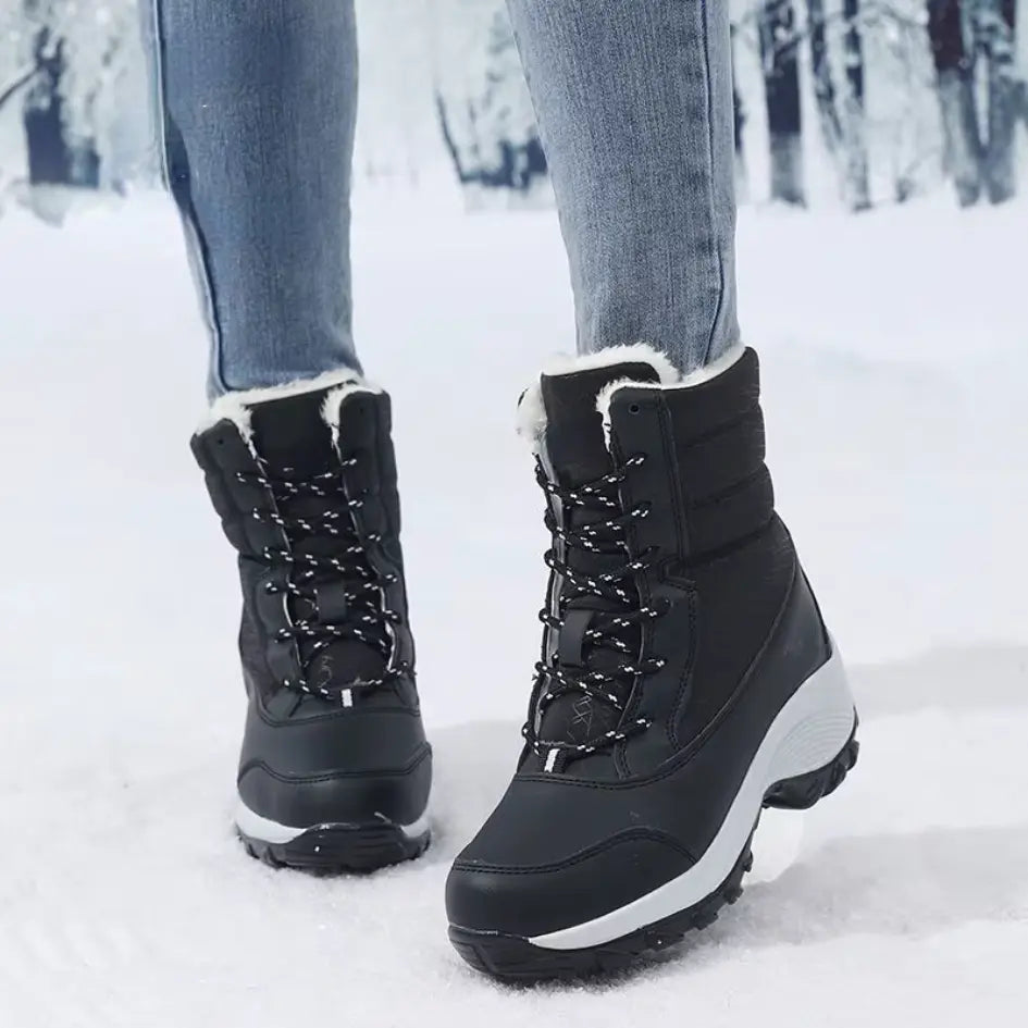 Dames Snowboots met Veters | Vegan Leer en Warme Pluche Voering