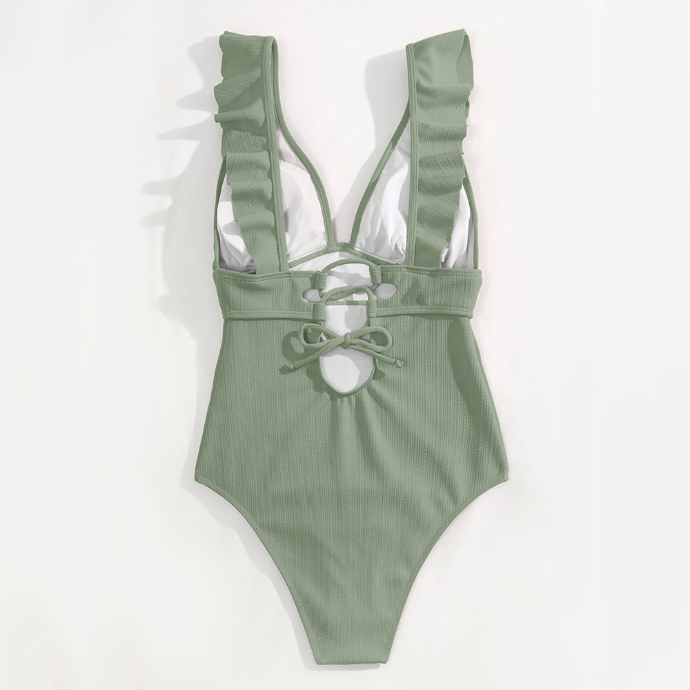 Mode Outlet | Elegant V-Hals Badpak met Ruffle Details – Stijlvol & Flatterend