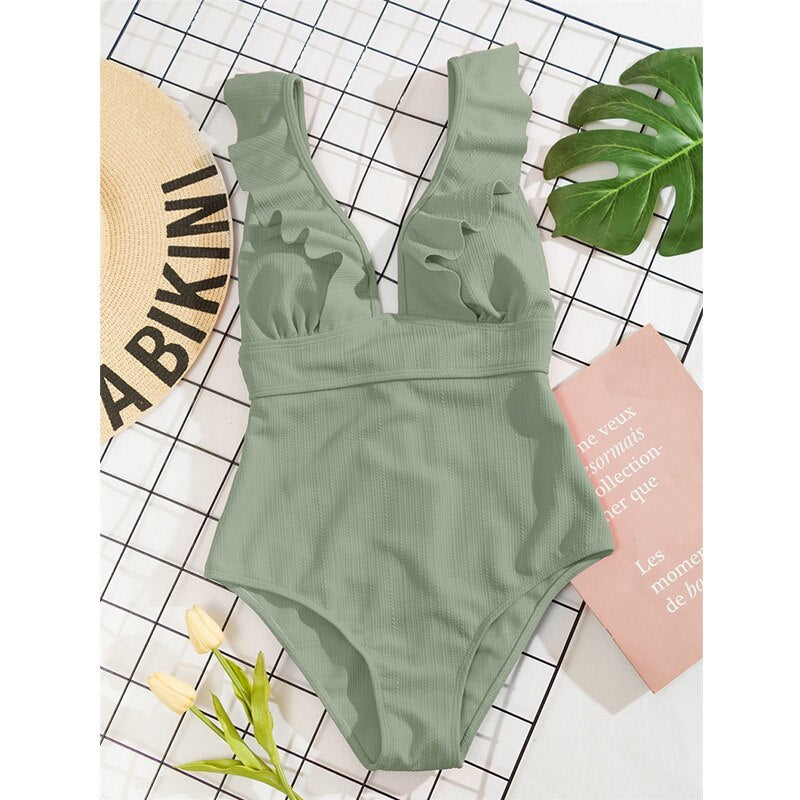 Mode Outlet | Elegant V-Hals Badpak met Ruffle Details – Stijlvol & Flatterend