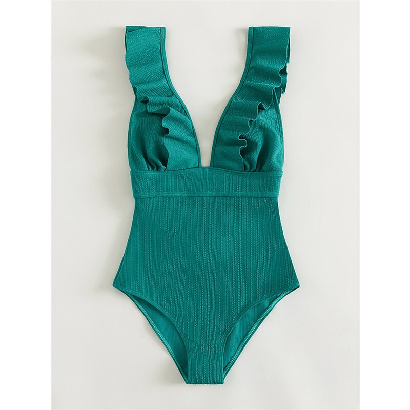 Mode Outlet | Elegant V-Hals Badpak met Ruffle Details – Stijlvol & Flatterend