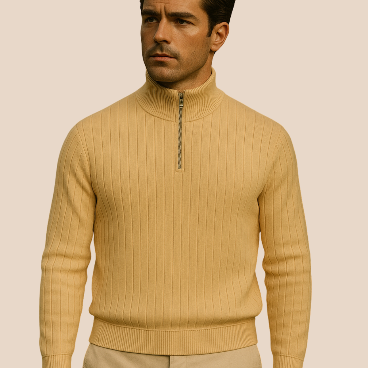 Heren Quarter Zip Trui met Ribstructuur en Opstaande Kraag