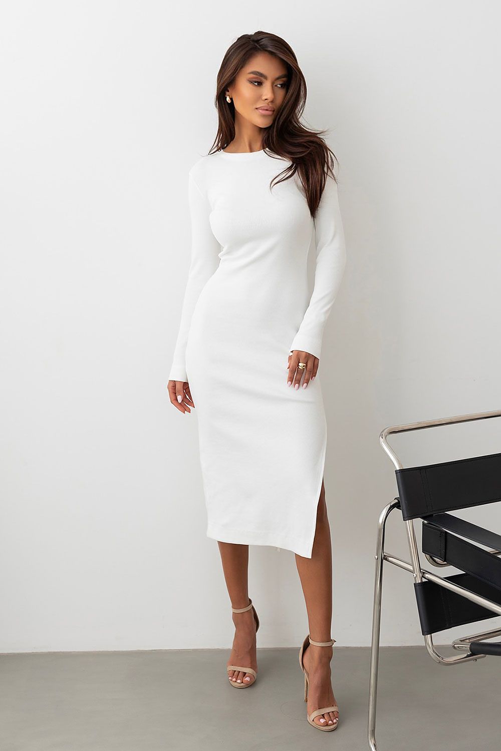 Noa – Midi Jurk met Lange Mouwen & Elegante Split