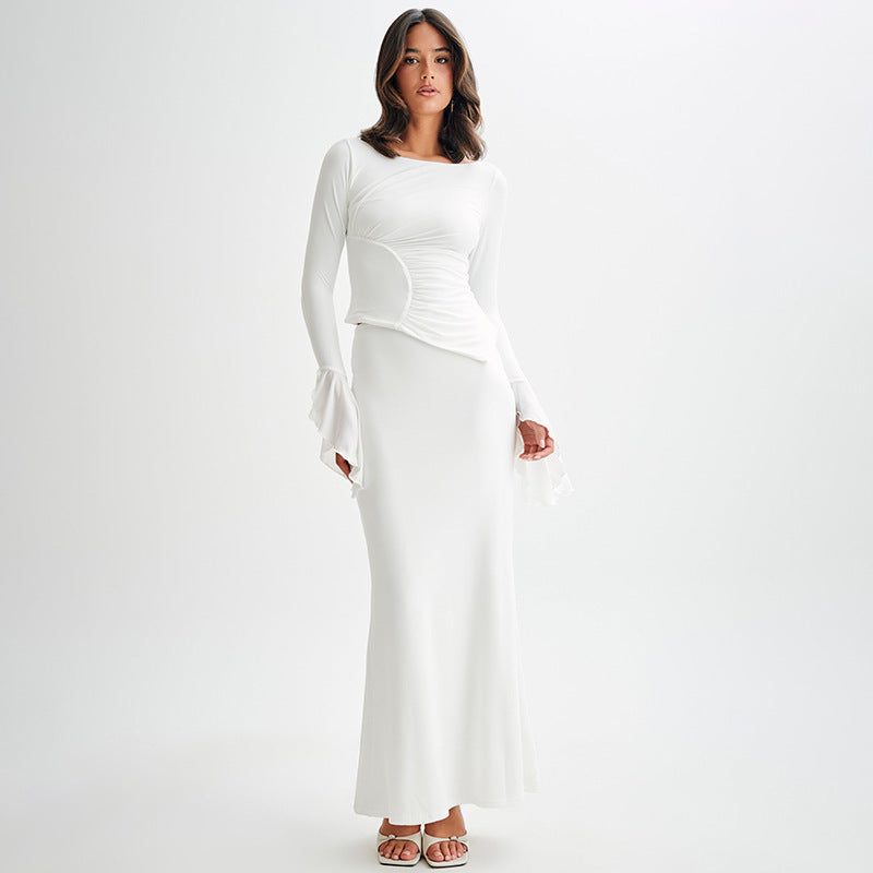 Selin | Elegante Dames Maxijurk met Sierlijke Plooi en Lange Mouwen