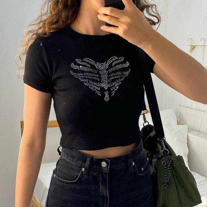 De Mode Outlet | Dames Crop Top met Schedelprint & Glinsterende Steentjes
