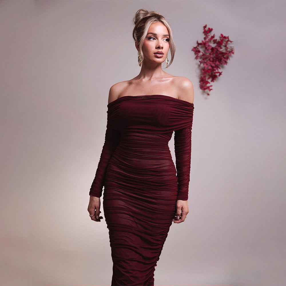 Yara | Off-Shoulder Maxijurk met Sierlijke Plooi en Ruches