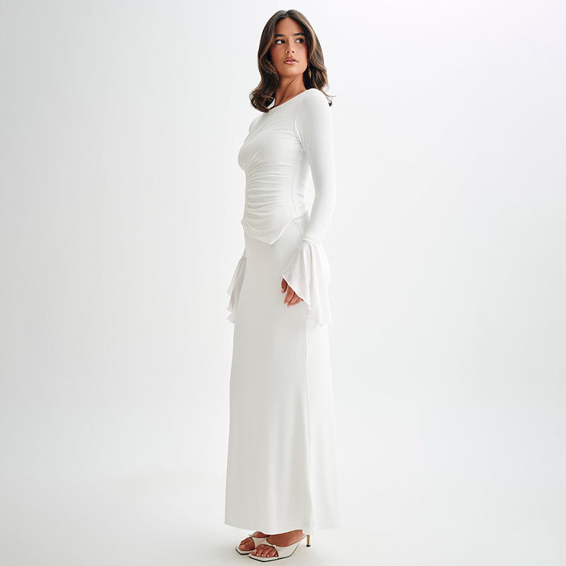 Selin | Elegante Dames Maxijurk met Sierlijke Plooi en Lange Mouwen