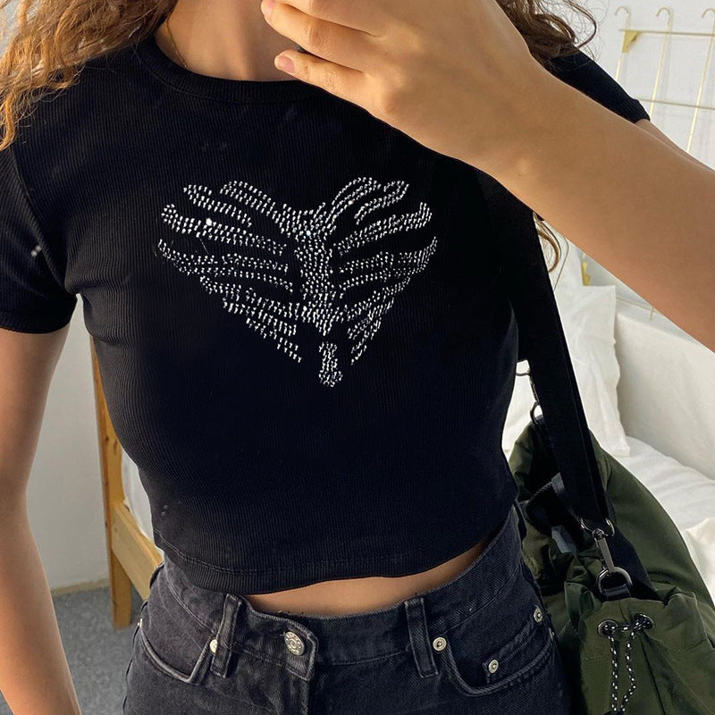 De Mode Outlet | Dames Crop Top met Schedelprint & Glinsterende Steentjes