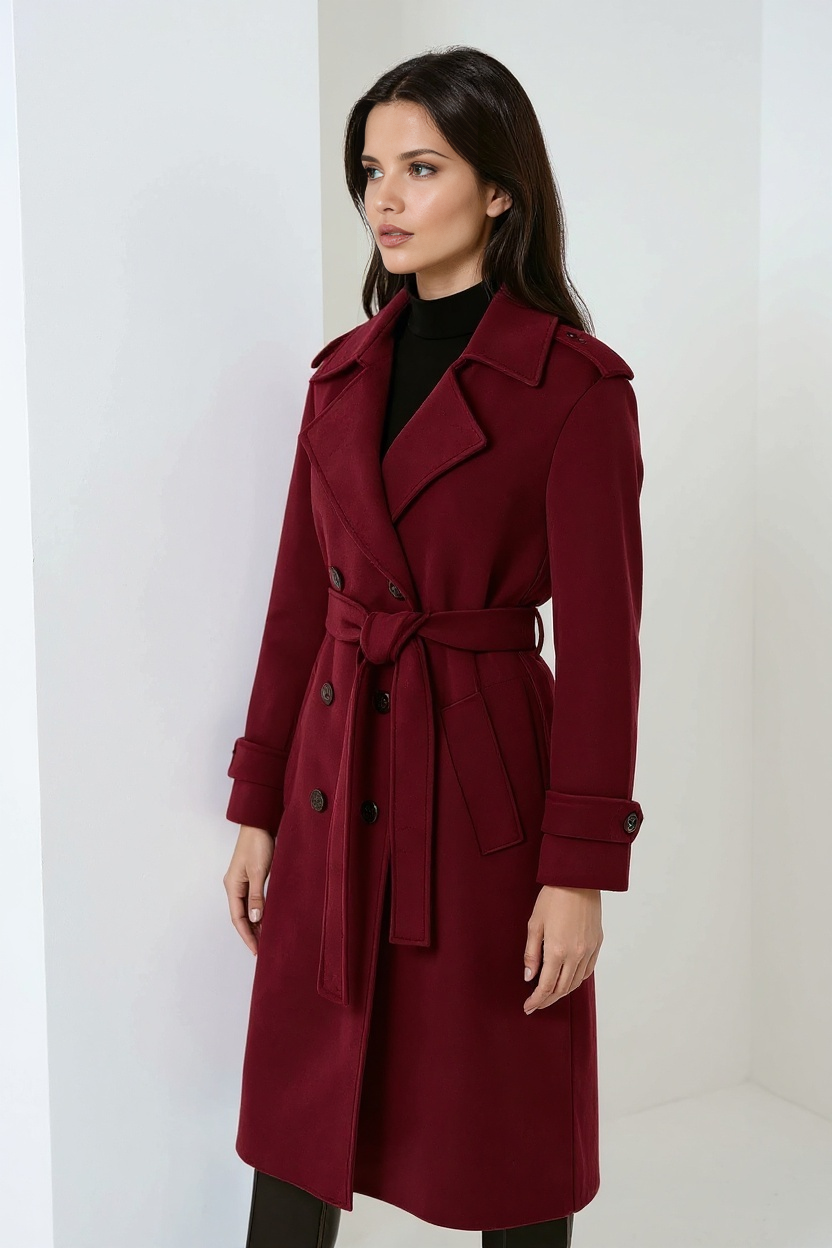 Dames Winterjas – Burgundy Kleur met Ceintuur