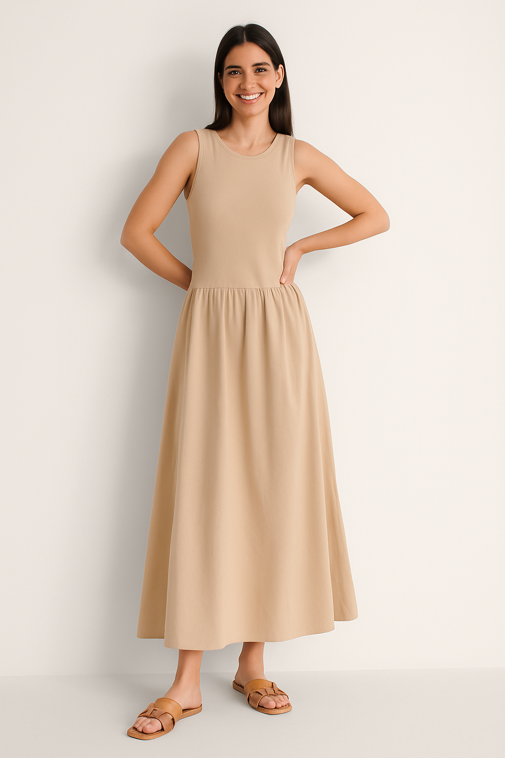 Mouwloze Midi Jurk met Ronde Hals
