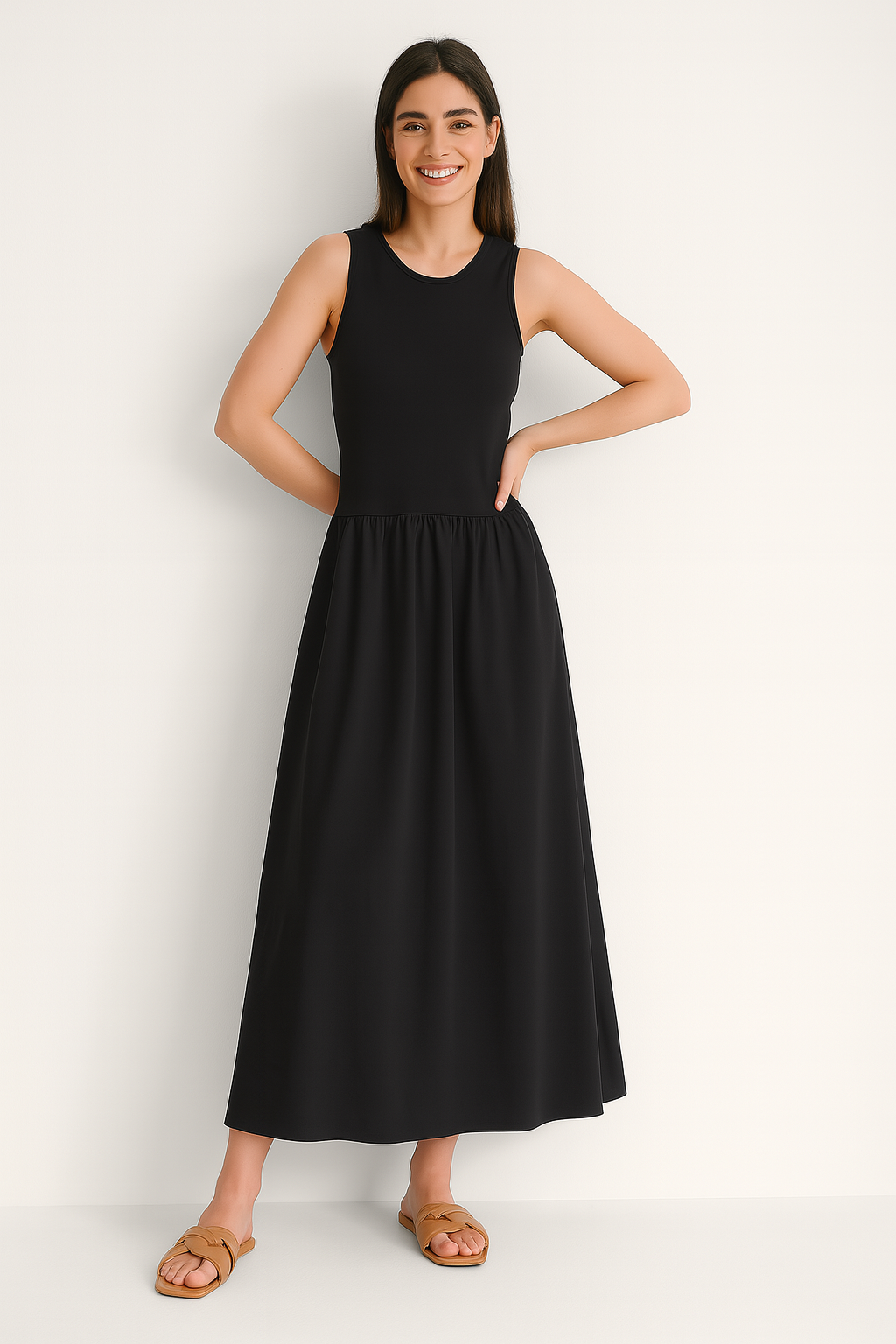 Mouwloze Midi Jurk met Ronde Hals