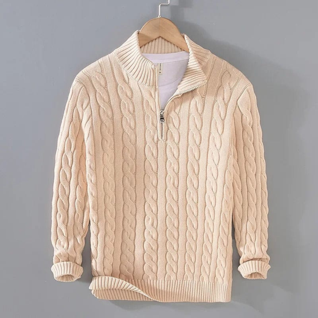 Heren Zip-Pullover met Noors Kabelpatroon | Warme Gebreide Trui met Ritskraag