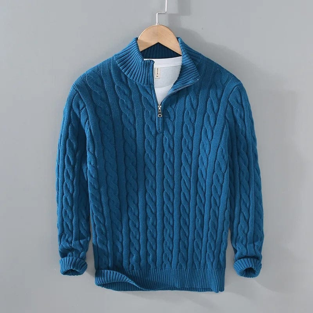 Heren Zip-Pullover met Noors Kabelpatroon | Warme Gebreide Trui met Ritskraag