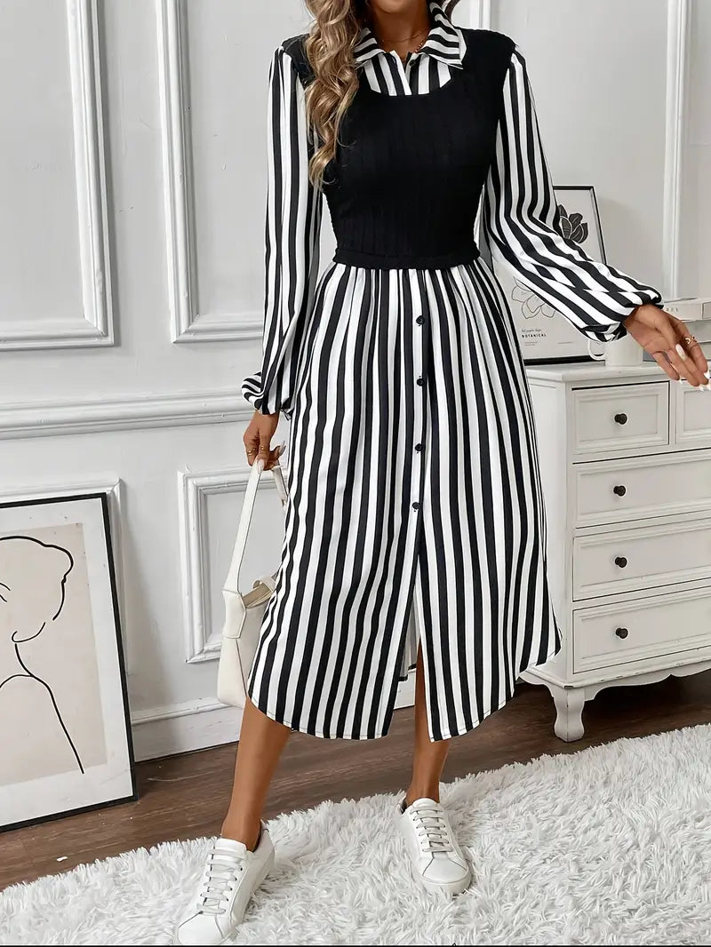 Mode Outlet | Elegante Gestreepte Midi-Jurk – Tijdloos & Trendy