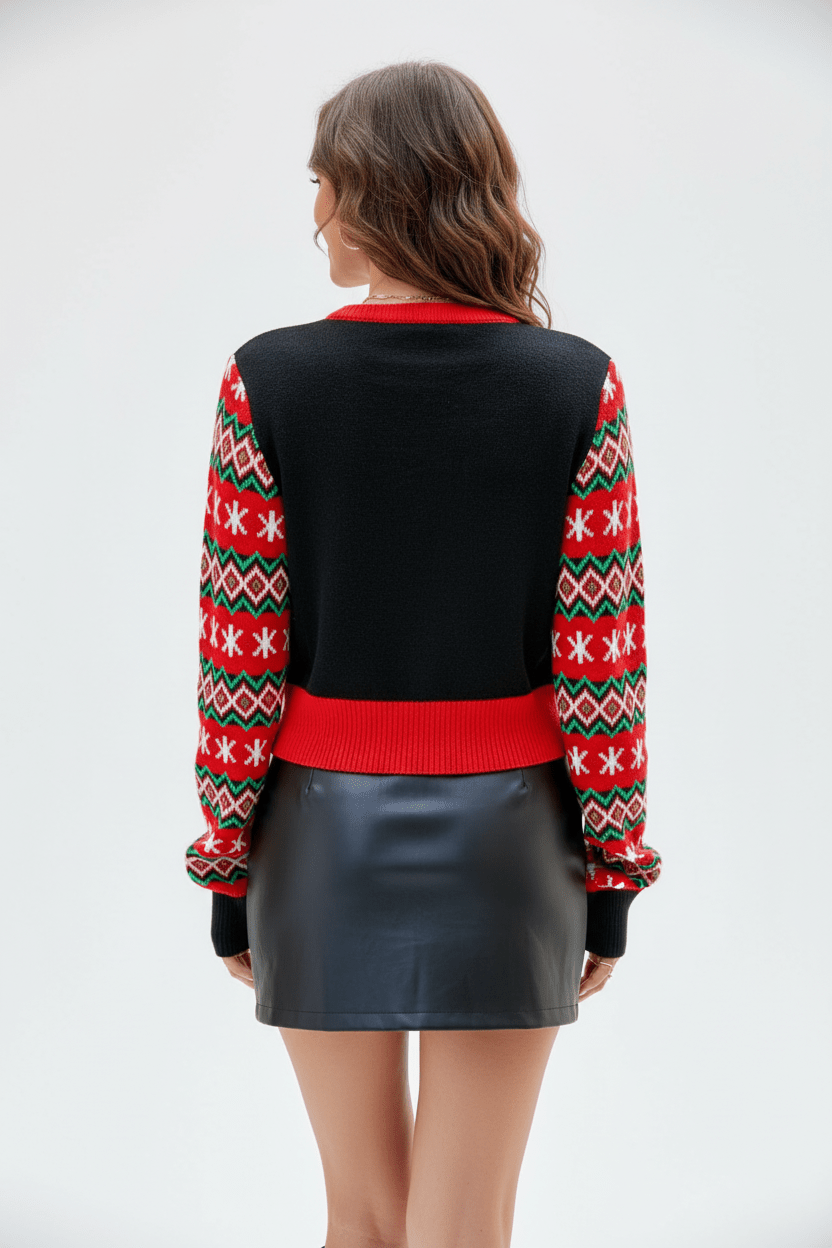 Dames Cropped Trui met Grafische Voorzijde en Patroonmouwen | Modern & Speels