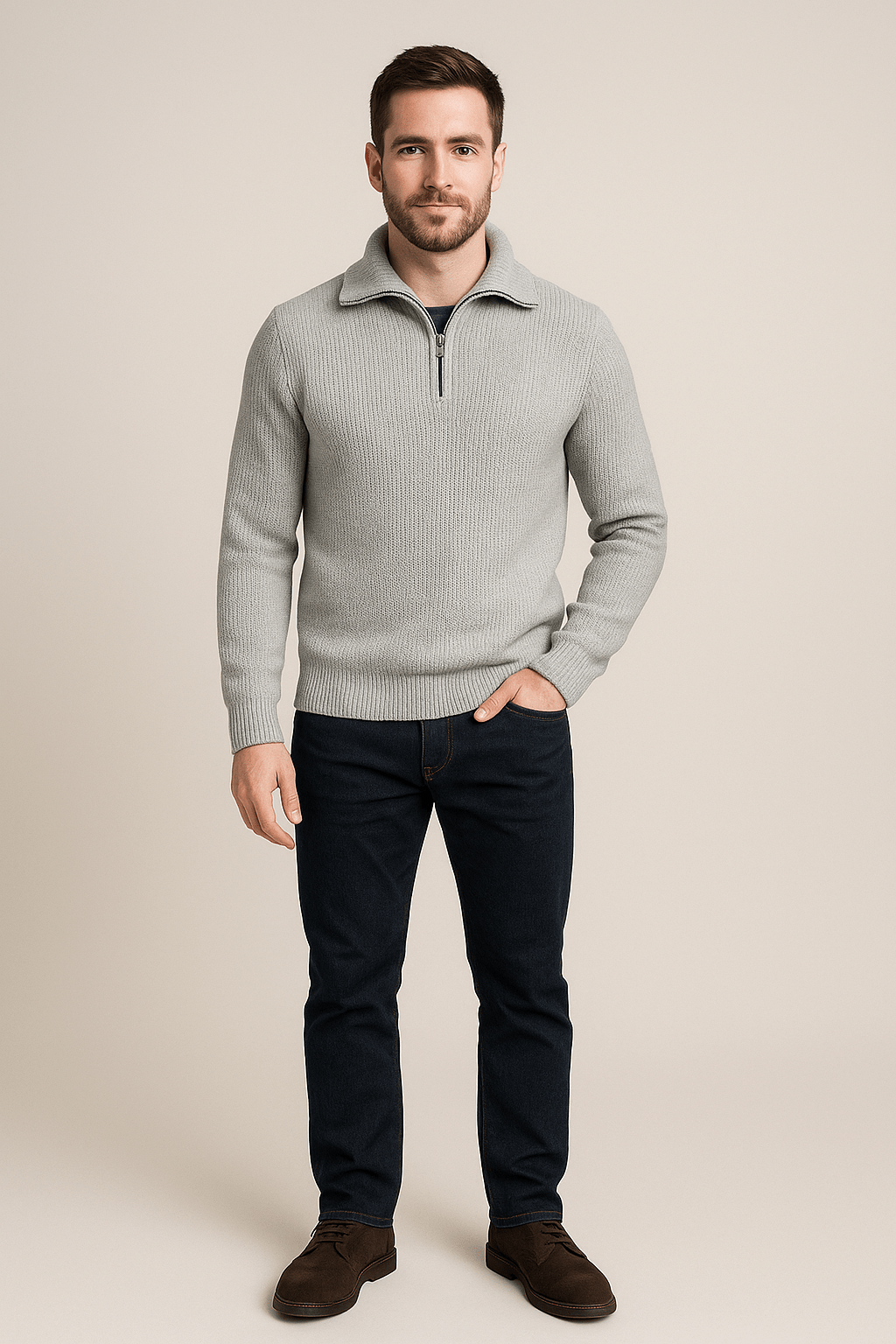 Heren Half-Zip Trui met Hoge Kraag en Verzorgde Structuur