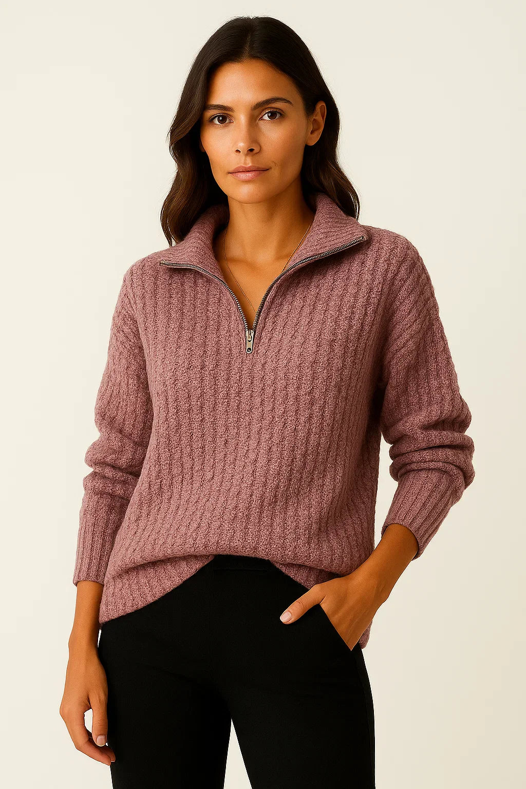 Half Zip Trui Dames – Grijze pullover met casual fit en lange mouwen