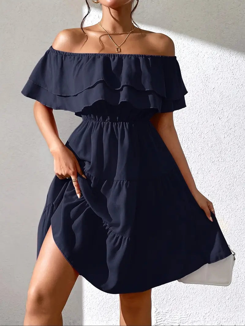 Mode Outlet | Elegante Off-the-Shoulder Jurk met Ruches – Vrouwelijk & Stijlvol