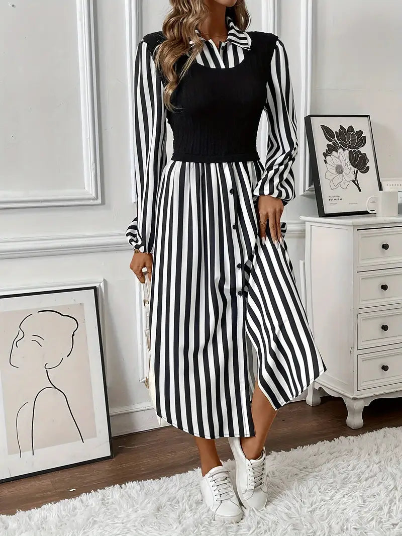Mode Outlet | Elegante Gestreepte Midi-Jurk – Tijdloos & Trendy