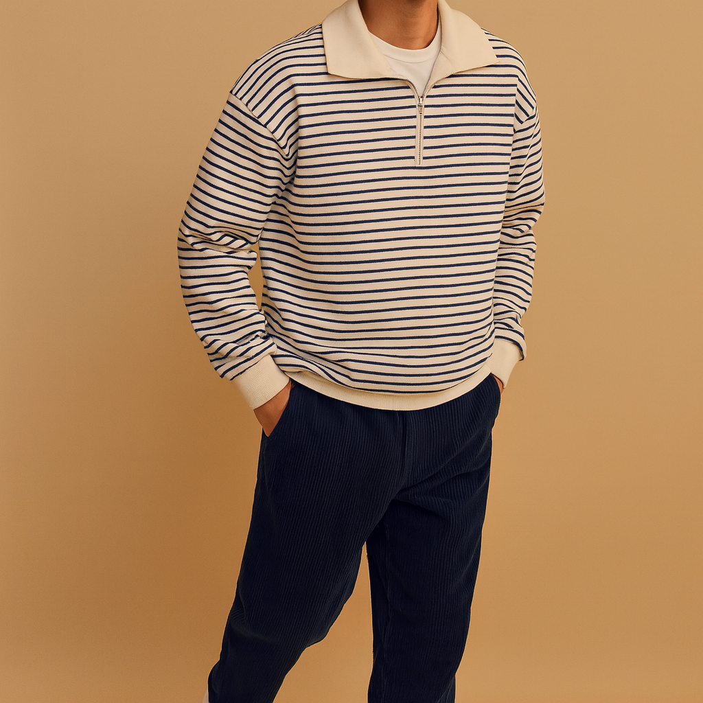 Pullover Heren | Gestreepte Trui met Halve Rits en Comfortabele Pasvorm
