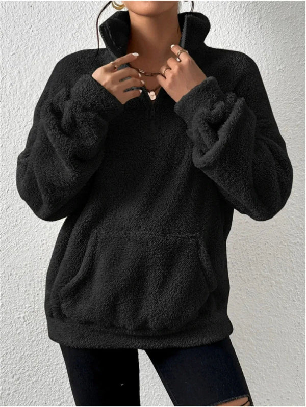 Dames sweatshirt met ritssluiting | Zachte fleece trui met hoge kraag en buikzak