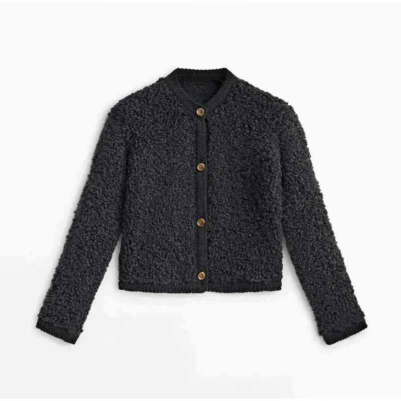 Dames Teddy Jas – Relaxed Fit Met Knoopsluiting en Ronde Hals