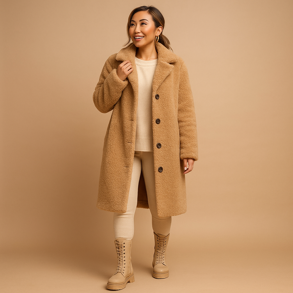 Lange teddy jas dames – Beige jas met zachte voering en comfortabele pasvorm