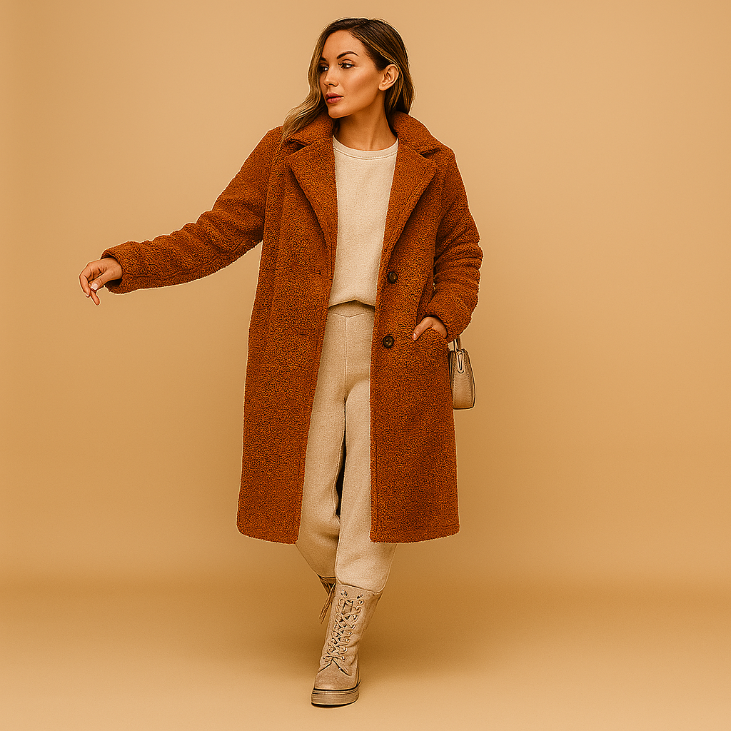 Lange teddy jas dames – Beige jas met zachte voering en comfortabele pasvorm