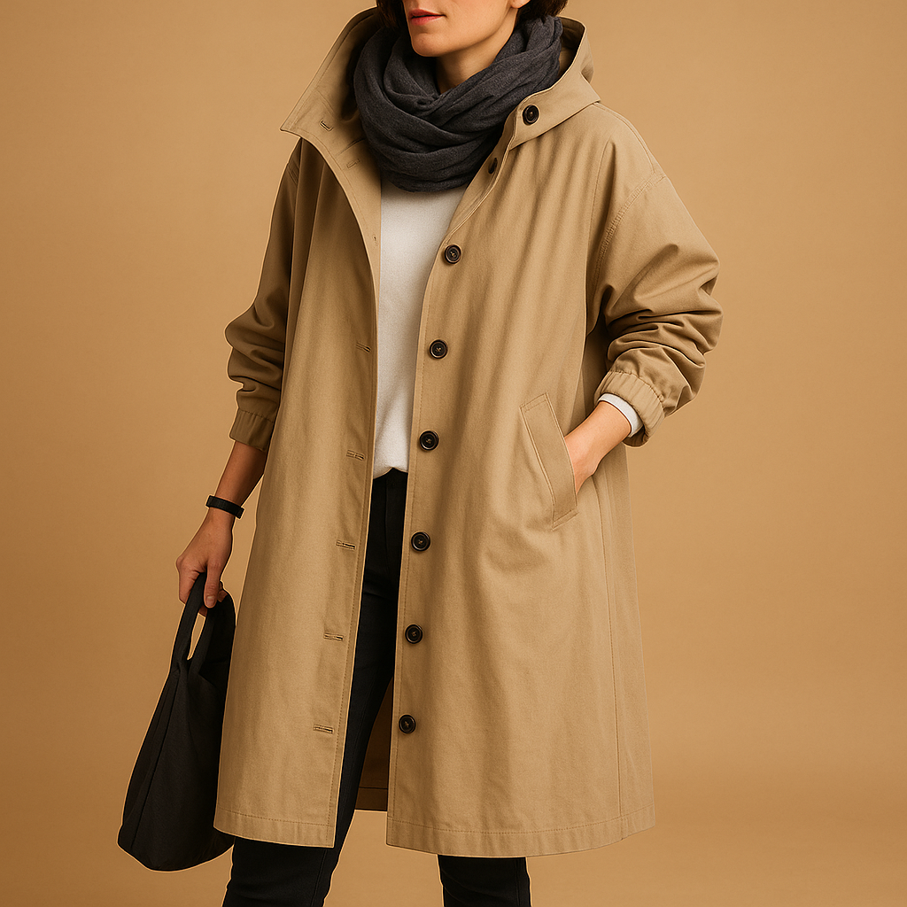 Lange regenjas dames – Waterdichte jas met capuchon en ceintuur