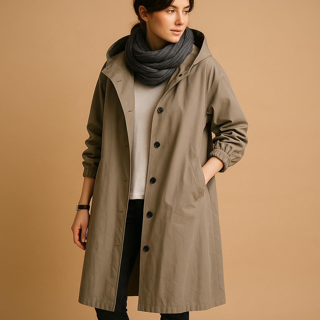 Lange regenjas dames – Waterdichte jas met capuchon en ceintuur