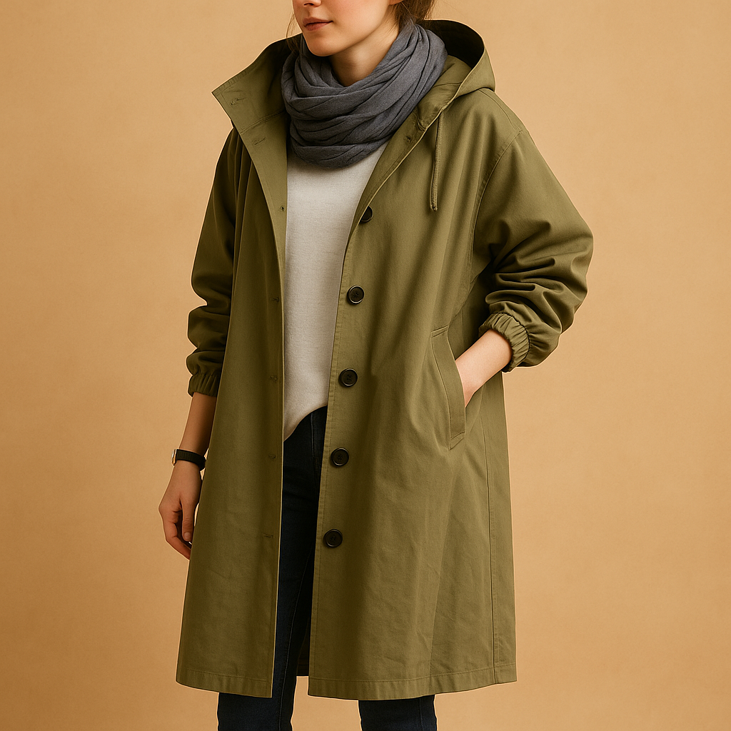 Lange regenjas dames – Waterdichte jas met capuchon en ceintuur