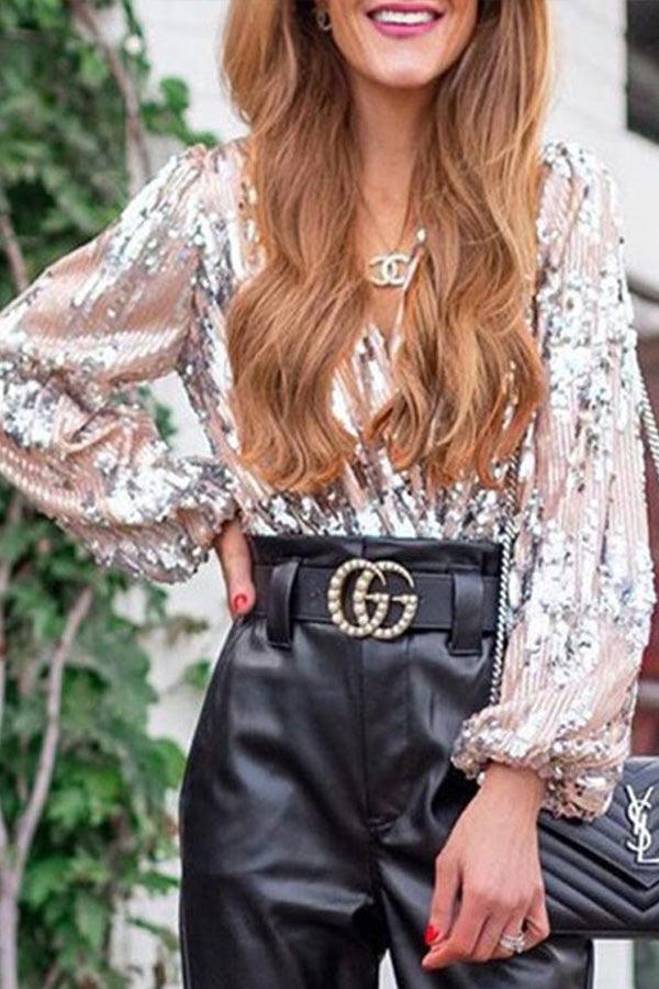 LIVIA | Glitter Glamour Top met Lange Mouwen – Stralend & Stijlvol